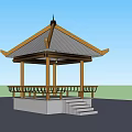 Outdoor Traditional Wooden Pavilion with Curved Eaves Roof and Stone Staircase Railings