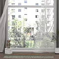 Gray Curtain and White Sheer Curtain in Window with Indoor Plants Wooden Floor and Trees View