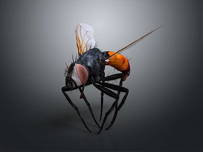 Close Up Of Common Fly With Black Body Orange Abdomen Transparent Wings And Large Eyes 3d model