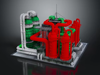 Cartoon Industrial Facility Scene With Red Green Pipes Towers Platforms And Ladders 3d model