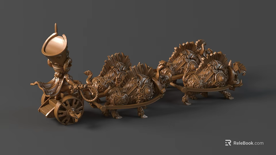 Bronze Sculpture Carving of Ancient Chariot with Ornate Horses and Intricate Details 3d model 
