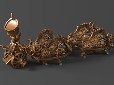 Bronze Sculpture Carving of Ancient Chariot with Ornate Horses and Intricate Details 3d model