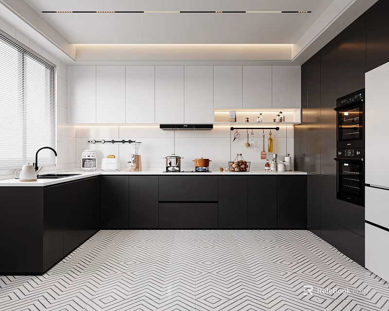 Stylish Modern Kitchen Interior With Black White Cabinets Countertop And Appliances 3d model 