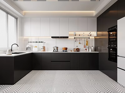 Stylish Modern Kitchen Interior With Black White Cabinets Countertop And Appliances 3d model