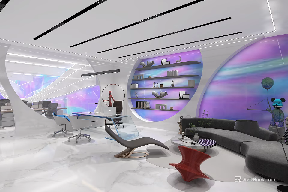 Modern Office Interior Design With Open Layout Workstations Sofa Bookshelves And Modern Lighting 3d model 