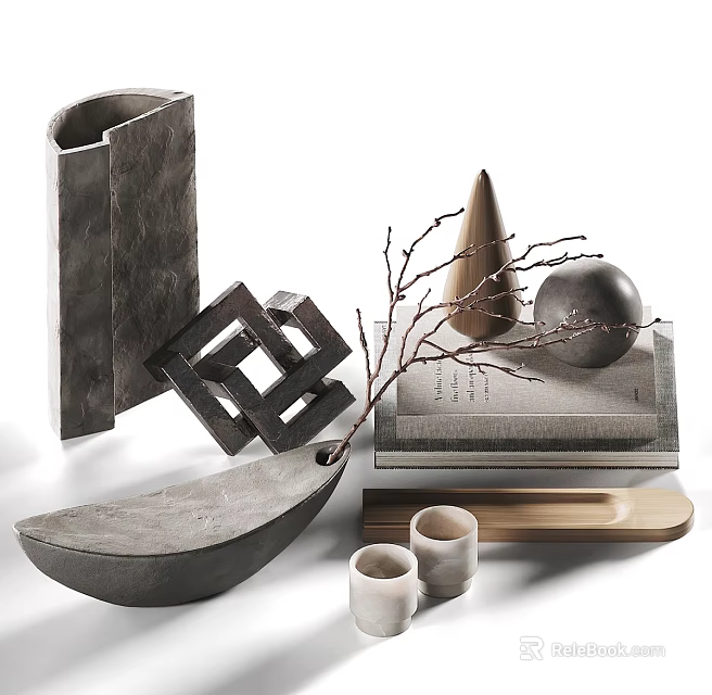Modern Minimalist Decorative Ornament Set With Geometric Shapes Vase Cone Sphere And Wooden Tray 3d model 