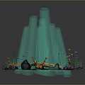 Underwater Sunken Ship Building with Colorful Corals Aquatic Plants Fish School and Blue Water Flow