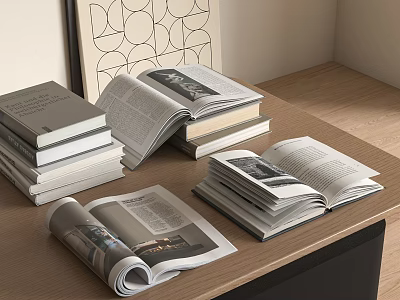 Open And Closed Books With Stacked Magazines On Wooden Table Surface 3d model