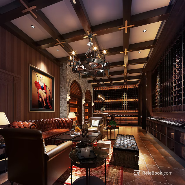 Luxury Wine Cellar Interior With Wooden Beams Chandelier Leather Sofa And Wine Racks 3d model 