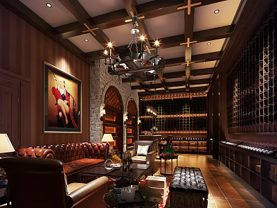 Luxury Wine Cellar Interior With Wooden Beams Chandelier Leather Sofa And Wine Racks 3d model