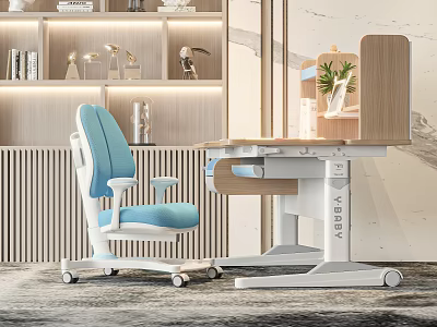 Modern Study Room With Adjustable Desk Ergonomic Blue Chair And Decorative Bookshelf Lighting 3d model