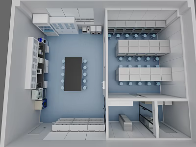 School Science Laboratory Interior With Workstations Chairs Storage Cabinets And Shelving Units 3d model