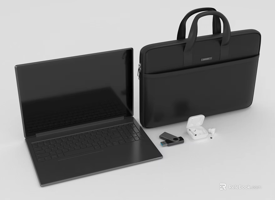 Black Laptop With Protective Case And Electronic Accessories Including Earbuds And Charger 3d model 
