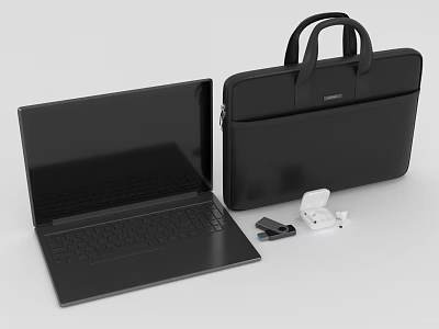 Black Laptop With Protective Case And Electronic Accessories Including Earbuds And Charger 3d model