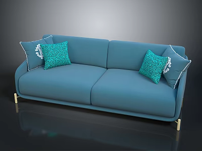 Modern Blue Sofa With Turquoise Patterned Pillows And Golden Legs 3d model