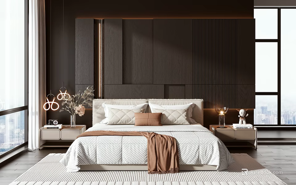 Modern Double Bed With Headboard Dark Wall White Bedspread Brown Blanket Pillows And Bedside Tables 3d model 