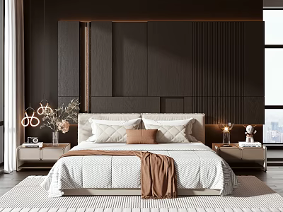 Modern Double Bed With Headboard Dark Wall White Bedspread Brown Blanket Pillows And Bedside Tables 3d model