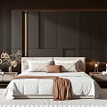 Modern Double Bed With Headboard Dark Wall White Bedspread Brown Blanket Pillows And Bedside Tables