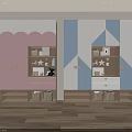 Pastel Pink Blue White Wardrobe With Scallop Geometric Design Open Shelves Drawers And Storage Baskets