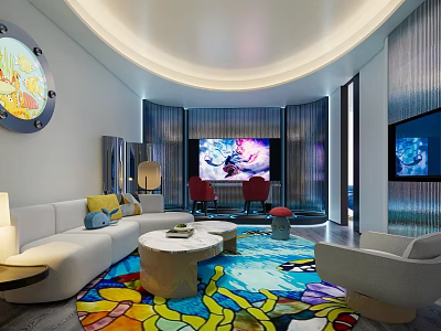 Modern Hotel Room Interior With Curved Ceiling Colorful Carpet And Comfortable Sofa 3d model