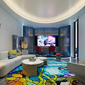 Modern Hotel Room Interior With Curved Ceiling Colorful Carpet And Comfortable Sofa