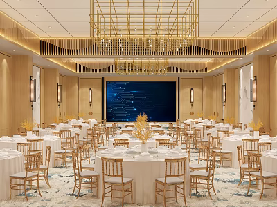 Modern Banquet Hall Featuring Round Tables Chairs White Tablecloths Yellow Flowers Large Screen Gold Chandeliers 3d model