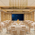 Modern Banquet Hall Featuring Round Tables Chairs White Tablecloths Yellow Flowers Large Screen Gold Chandeliers