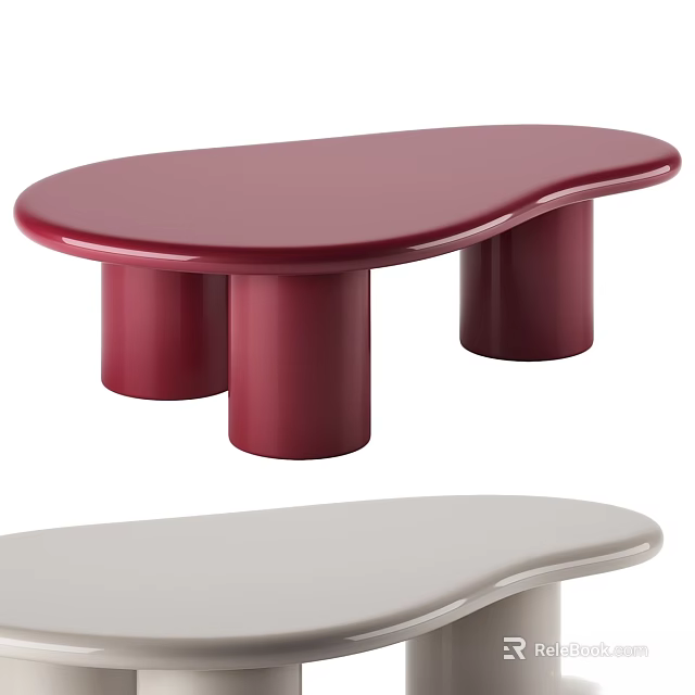 Modern Red Dining Table With Curved Smooth Surface And Cylindrical Legs 3d model