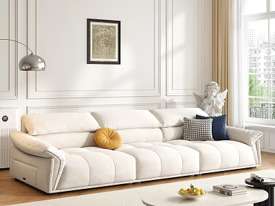 Elegant White Double Sofa with Decorative Cushions in Modern Living Room Setting 3d model
