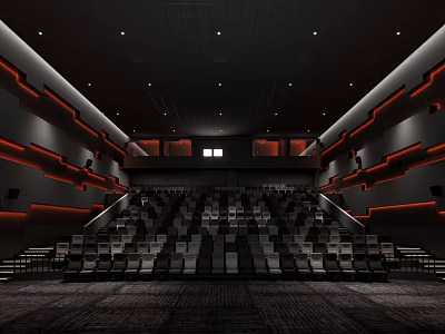 Modern Spacious Cinema Interior With Stadium Seating And Dark Orange Decor 3d model