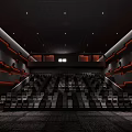 Modern Spacious Cinema Interior With Stadium Seating And Dark Orange Decor 3d model