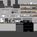 Dinnerware Set Display In Modern Kitchen With Cabinets Shelves And Cookware 3d model