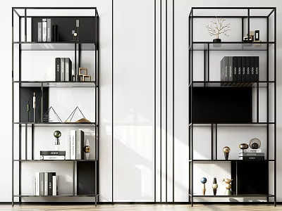Modern Black Frame Bookcase Design With Multi Tiered Shelves Books And Decor Items 3d model