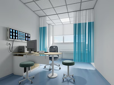 Medical Control Room Interior With Monitoring Screens Desk Chairs Blue Curtains And Paneled Ceiling 3d model