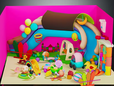 Colorful Indoor Kids Playroom With Slide Balloons Castle And Toys 3d model