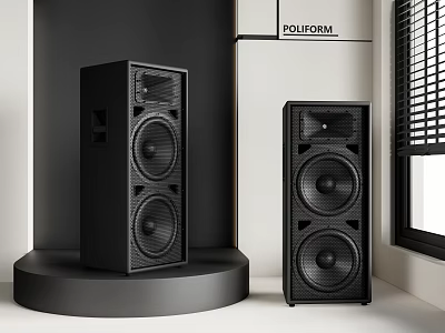 Black Modern Tower Speakers With Sleek Design Placed On Display Stand In Home Interior 3d model