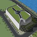 Modern Streamlined Public Building With Curved Metal Facade And Evening Pedestrian Area