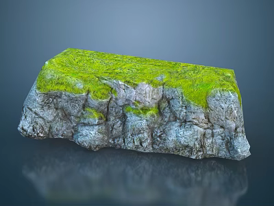 Green Moss Covered Natural Stone Rock with Gray Textured Surface and Reflective Base 3d model