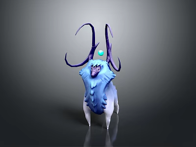 3D Mythical Creature With Blue Fur Purple Horns And Green Orb On Head 3d model