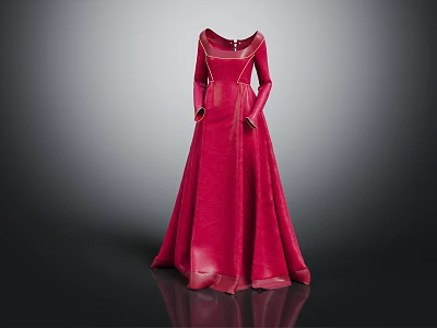 Elegant Red Formal Gown With Long Sleeves And Sleek Fabric Design 3d model