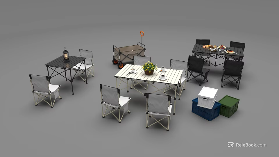 Outdoor Table For Picnic With Foldable Chairs Flower Pot And Storage Boxes 3d model