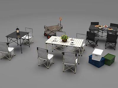 Outdoor Table For Picnic With Foldable Chairs Flower Pot And Storage Boxes 3d model