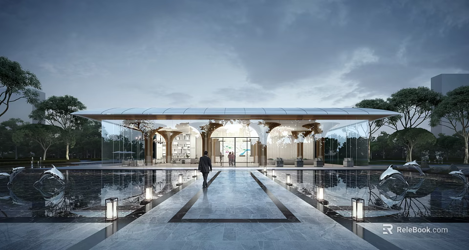 Modern Sales Office Building With Glass Curtain Wall Metal Roof Water Pool And Symmetrical Pathway 3d model 