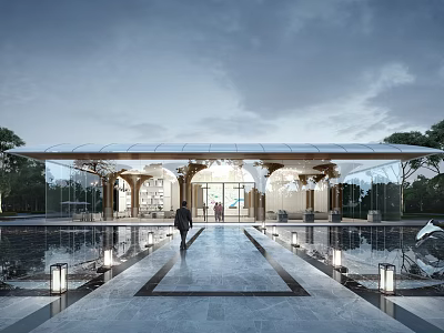 Modern Sales Office Building With Glass Curtain Wall Metal Roof Water Pool And Symmetrical Pathway 3d model