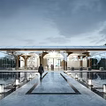 Modern Sales Office Building With Glass Curtain Wall Metal Roof Water Pool And Symmetrical Pathway
