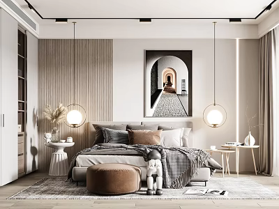 Modern Bedroom Interior Design With Arch Wall Art Round Pendant Lights Pillows And Brown Ottoman 3d model