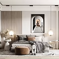 Modern Bedroom Interior Design With Arch Wall Art Round Pendant Lights Pillows And Brown Ottoman