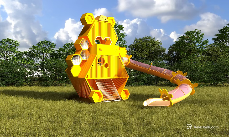 Garden Landscape with Yellow Honeycomb Shaped Play Structure Slide Green Lawn and Trees 3d model 