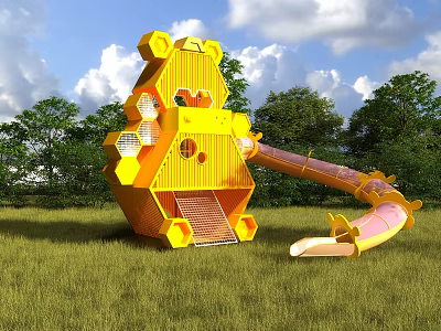 Garden Landscape with Yellow Honeycomb Shaped Play Structure Slide Green Lawn and Trees 3d model