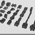 Industrial Equipment Parts With Various Shapes Mechanical Components Gears Dark Colored On White Background